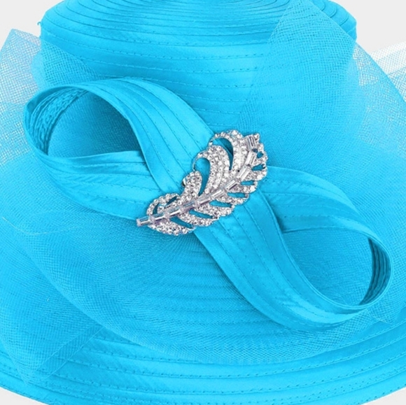 Aqua Rhinestone Feather Mesh Bow Organza Dressy Kentucky Derby Church Hat Women - Picture 3 of 4